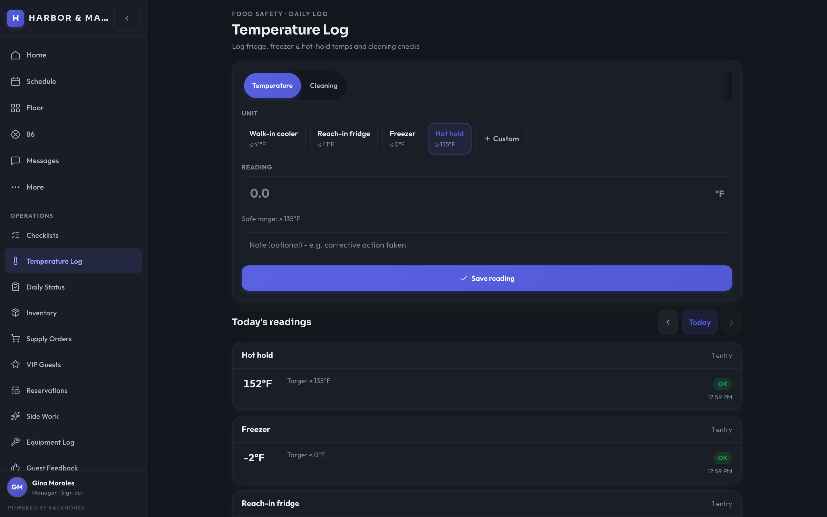 Daily temperature and cleaning log